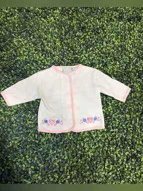 Playette White Baby Cardigan with Pink Trim and Embroidery